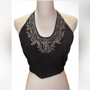 Passport Cropped Halter Top Size L Black Leather Embroidered Boho Festival Y2K